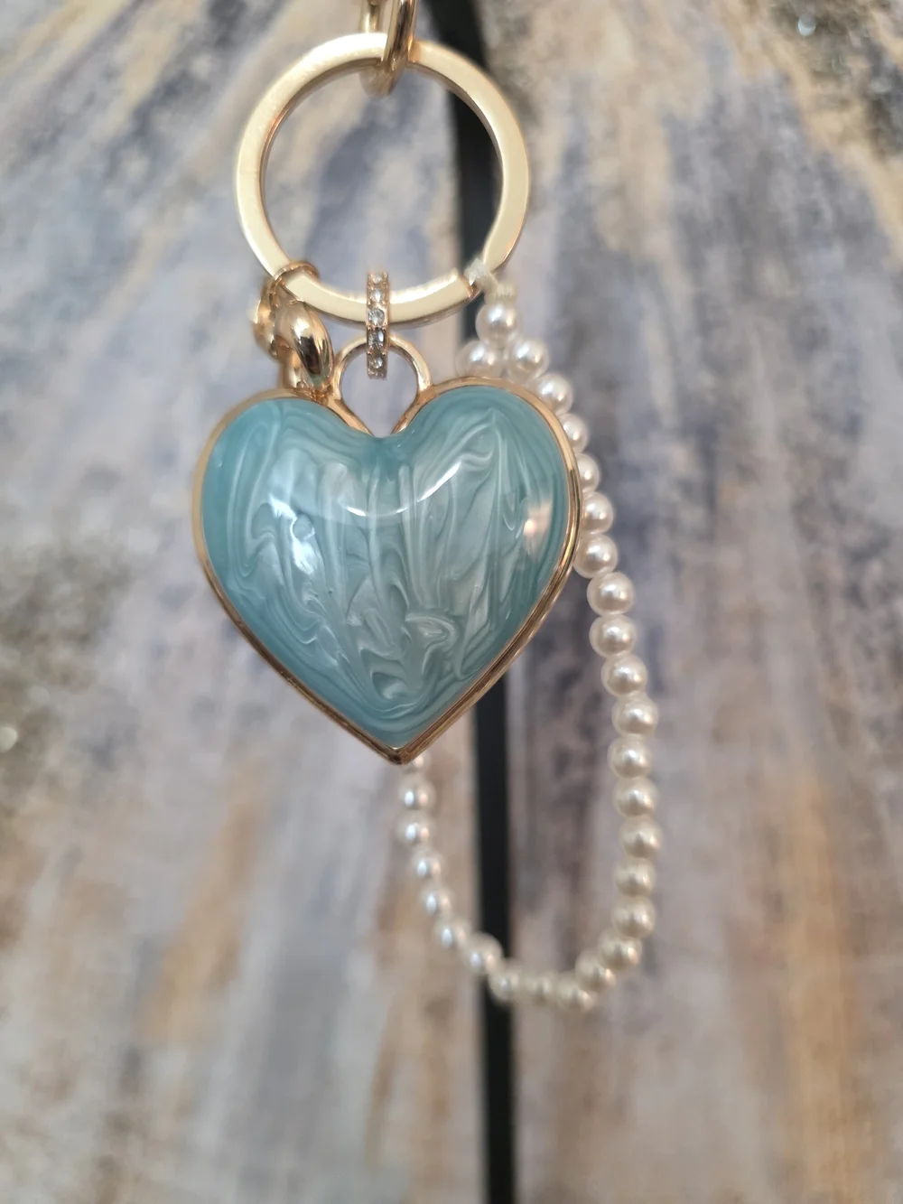 Pearl Strap Heart Keychain Bag Charm - Blue